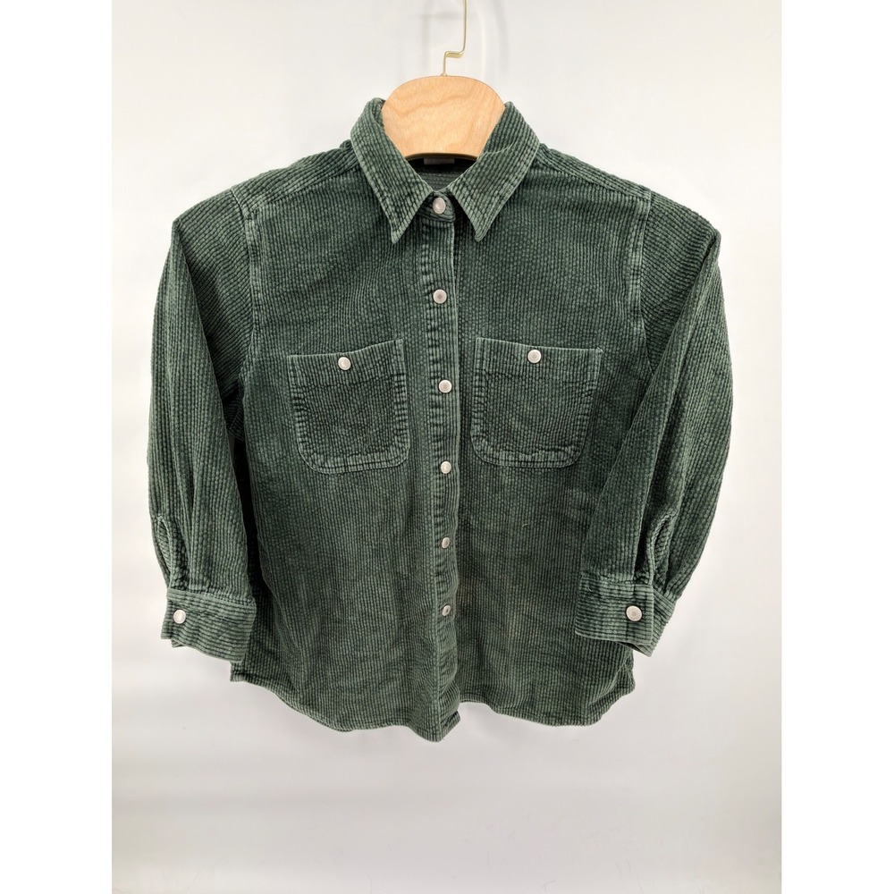 Vintage Essentials Style Green‎ Corduroy Button Up Shirt Womens Petite Large